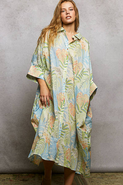 GREEN SKY MULTI V-Neck Half Sleeve Floral Bold Printed Shirt Dress