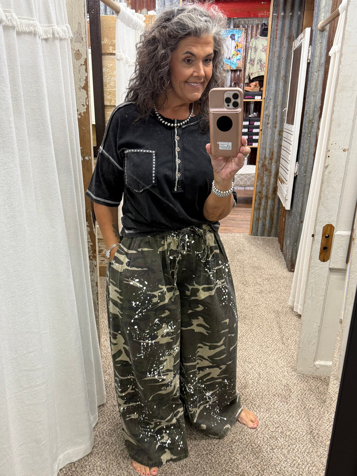 BlueVelvet Mineral-Washed Paint Splatter Camo Wide Leg Pants