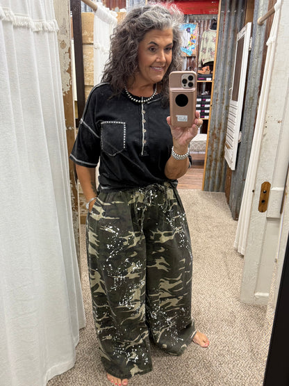BlueVelvet Mineral-Washed Paint Splatter Camo Wide Leg Pants