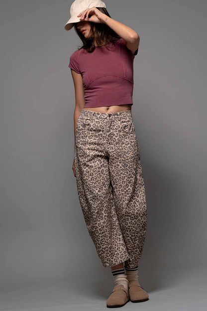 Leopard Print Stitch Detail Barrel Jeans