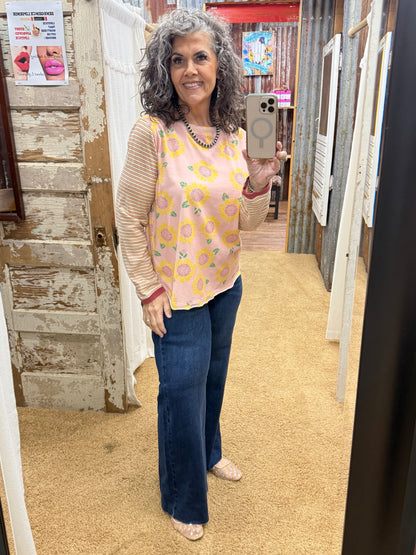 CORAL PINK FLOWER PRINT COTTON JERSEY WASHED TOP