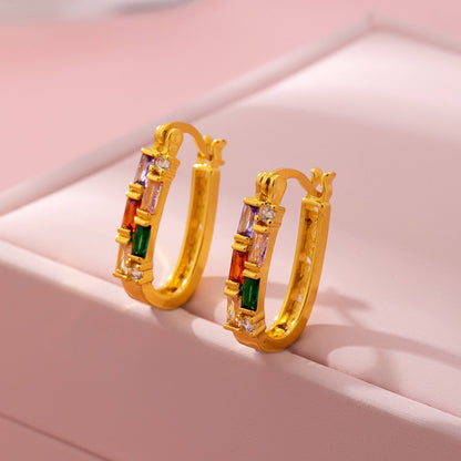 Rainbow Gemstone Bar Hoop Earrings | 80E61912: Gold