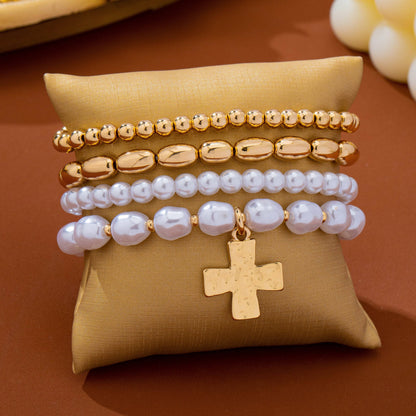 Pearl & Gold-Tone Beaded Cross Bracelet Set | 80B1910: SET