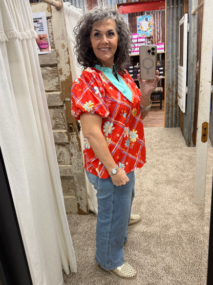 EASEL RED FLORAL PRINTED POPLIN TOP