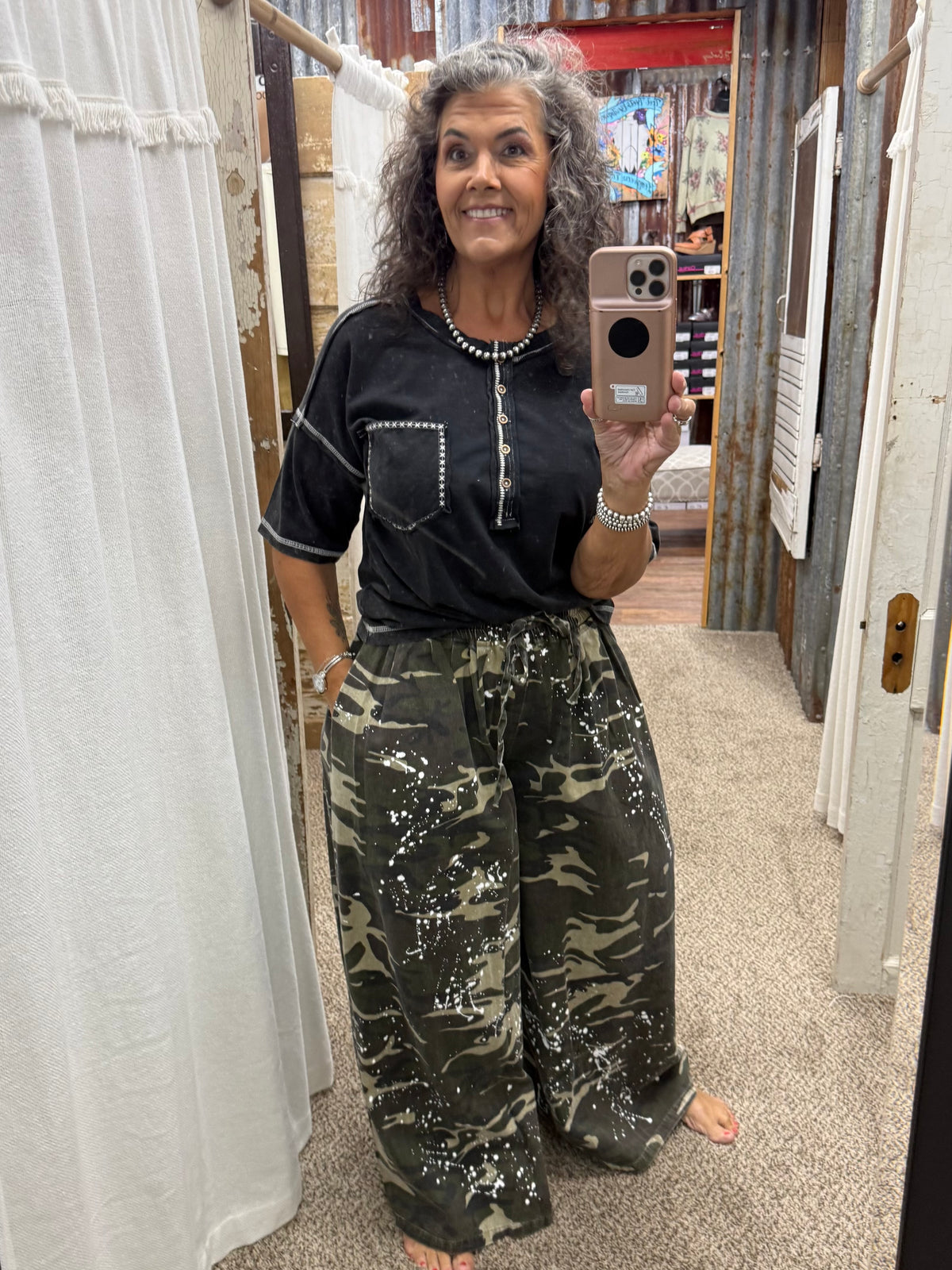 BlueVelvet Mineral-Washed Paint Splatter Camo Wide Leg Pants