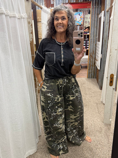 BlueVelvet Mineral-Washed Paint Splatter Camo Wide Leg Pants