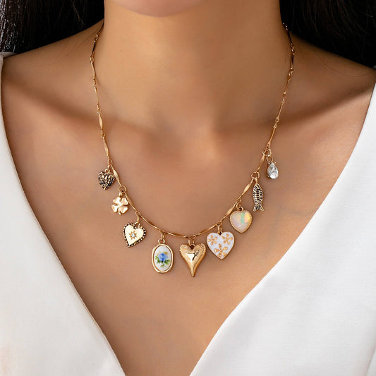 CHARM NECKLACE-HEARTS PORCELAIN FISH RHINESTONE | 80N92690: GOLD