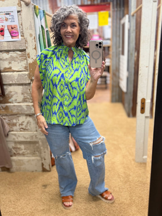 Green Mix Button-Up Top