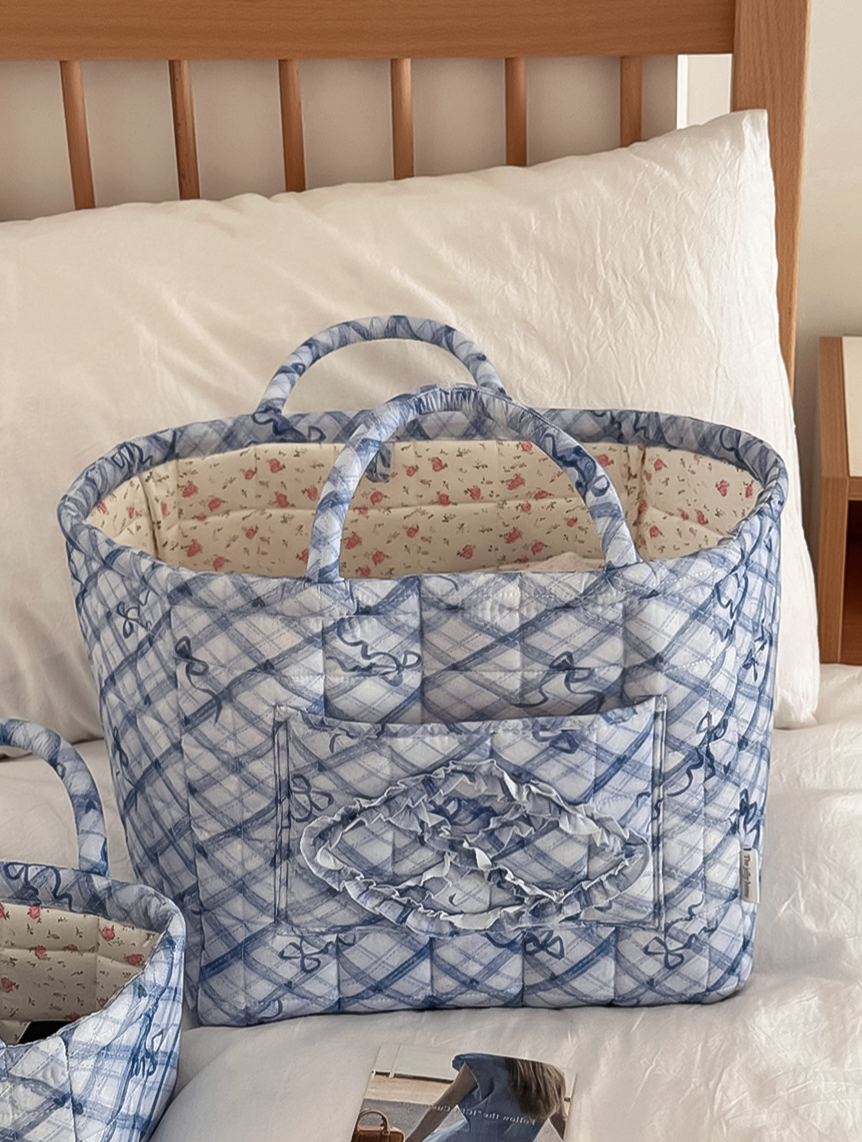 Blue Plaid Quilted Storage Basket Boho Organizer Tote