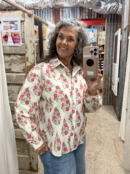 BIBI FLORAL PRINTED BUTTON DOWN CREAM/RED SHIRTS