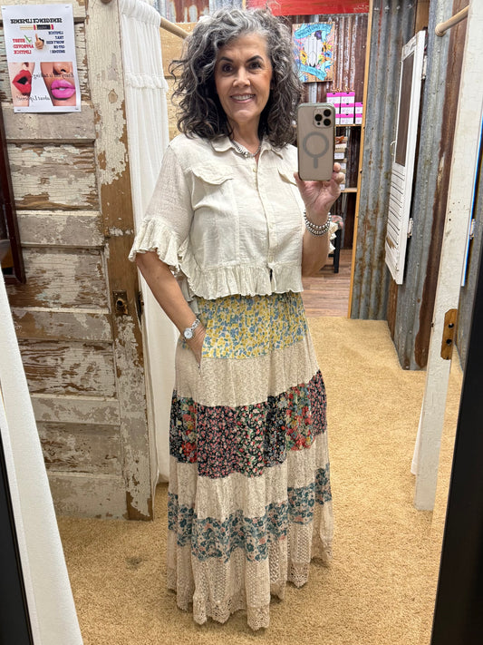 Boho Floral Patchwork Tiered Lace Maxi Skirt