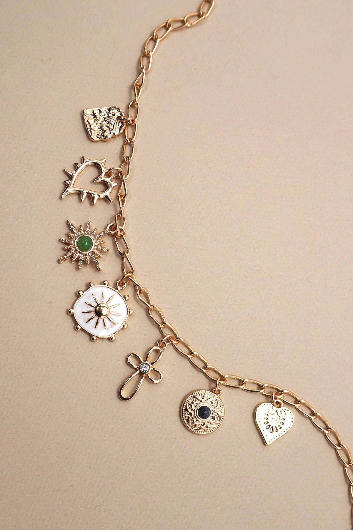 CHARM NECKLACE-HEART CROSS SUNBURST STONE | 80N91423: Gold
