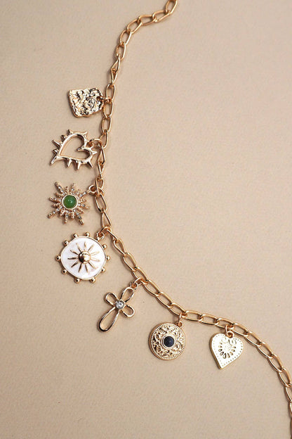 CHARM NECKLACE-HEART CROSS SUNBURST STONE | 80N91423: Gold