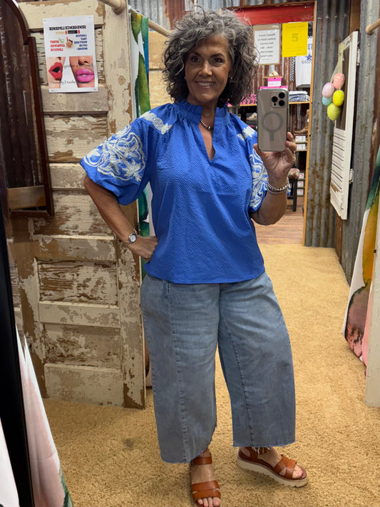 Blue Embroidered Puff Sleeve Textured Top