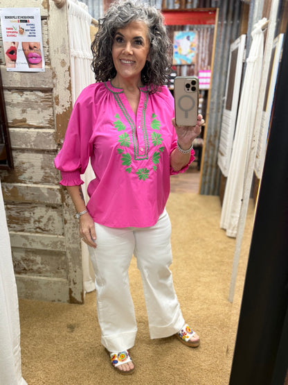 Hot Pink Blouse with Green Ric Rac