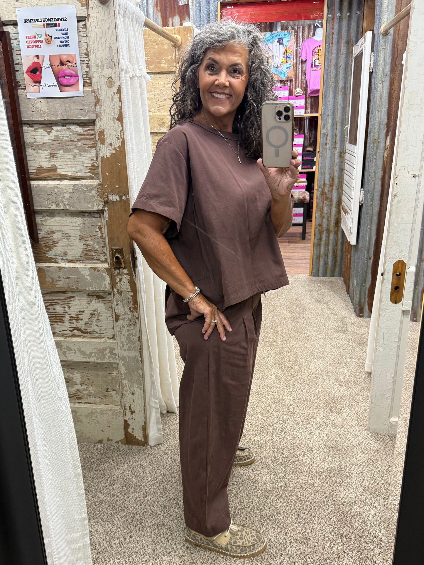 BROWN RELAXED FIT TOP AND WIDE LEG CROPPED PANTS SET
