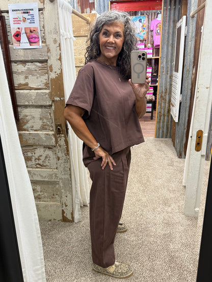 BROWN RELAXED FIT TOP AND WIDE LEG CROPPED PANTS SET