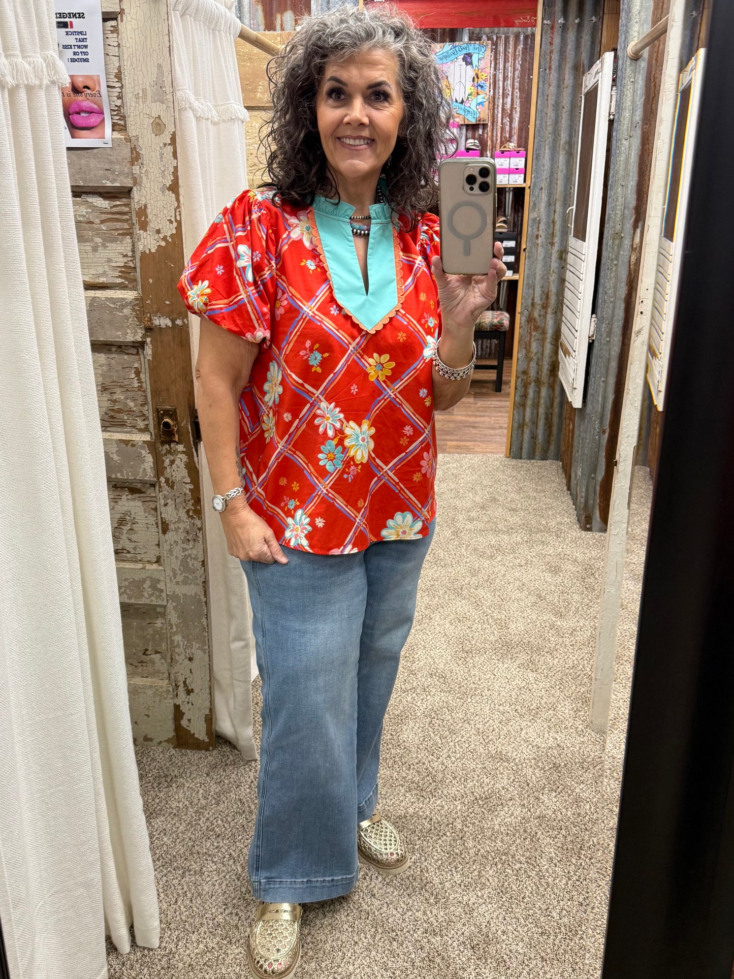 EASEL RED FLORAL PRINTED POPLIN TOP