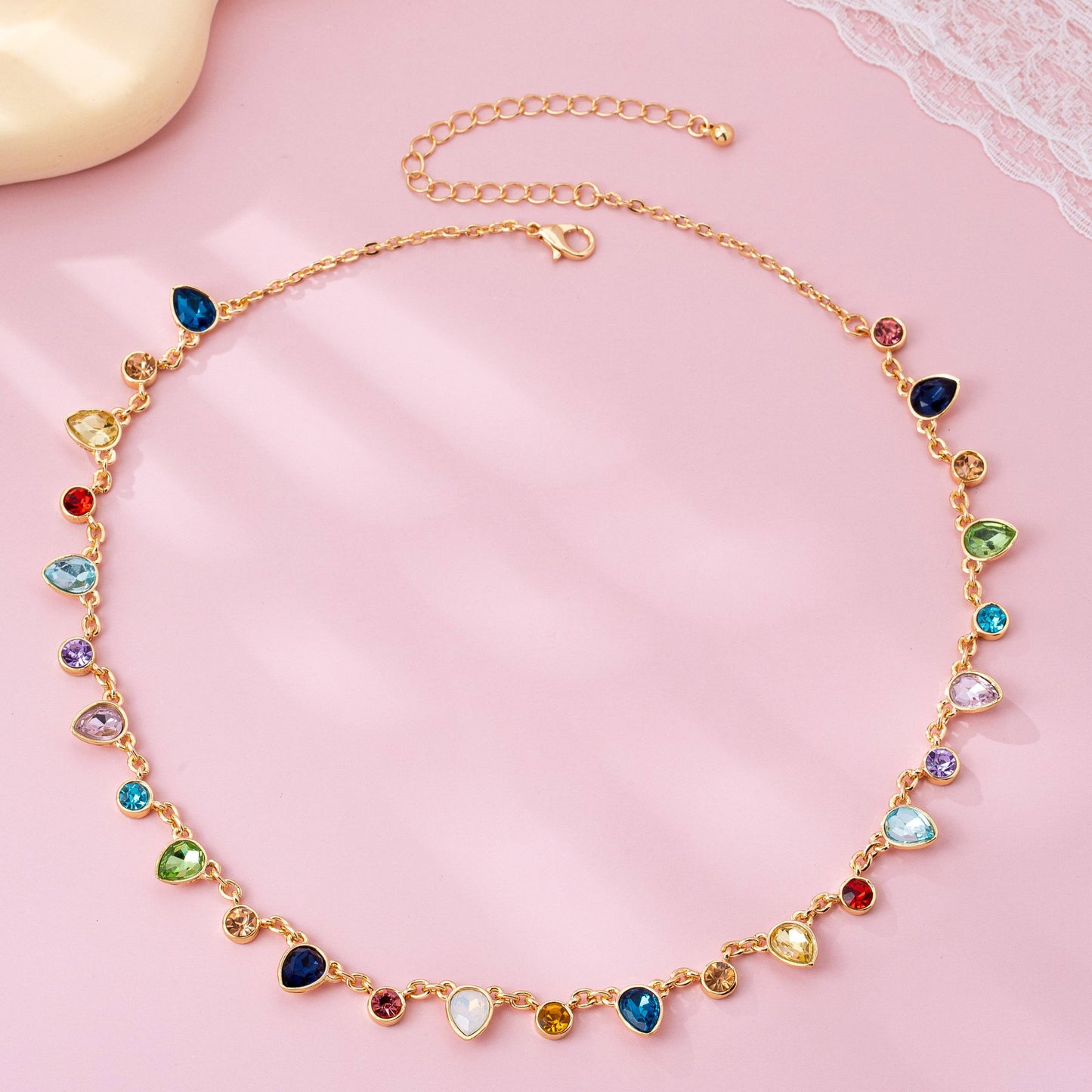 Rainbow Teardrop Gemstone Charm Necklace | 80N92832: Gold