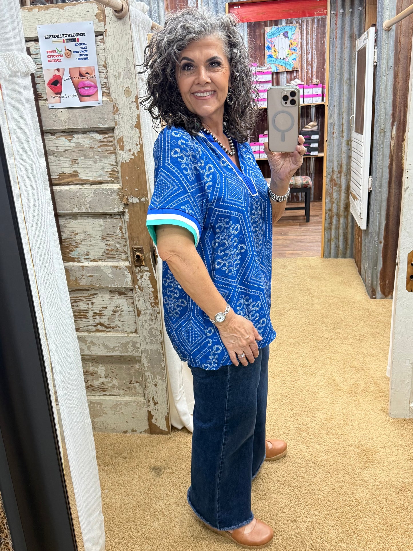 UMGEE Ocean Mix Geometric Print Top w/ Contrast Trim