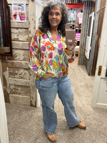 UMGEE Ecru Floral Print Surplice Long Sleeve Blouse