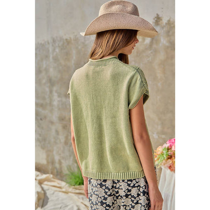 DIAMOND PATTERN WASHED KNIT DROP SHOULDER TOP: LT OLIVE