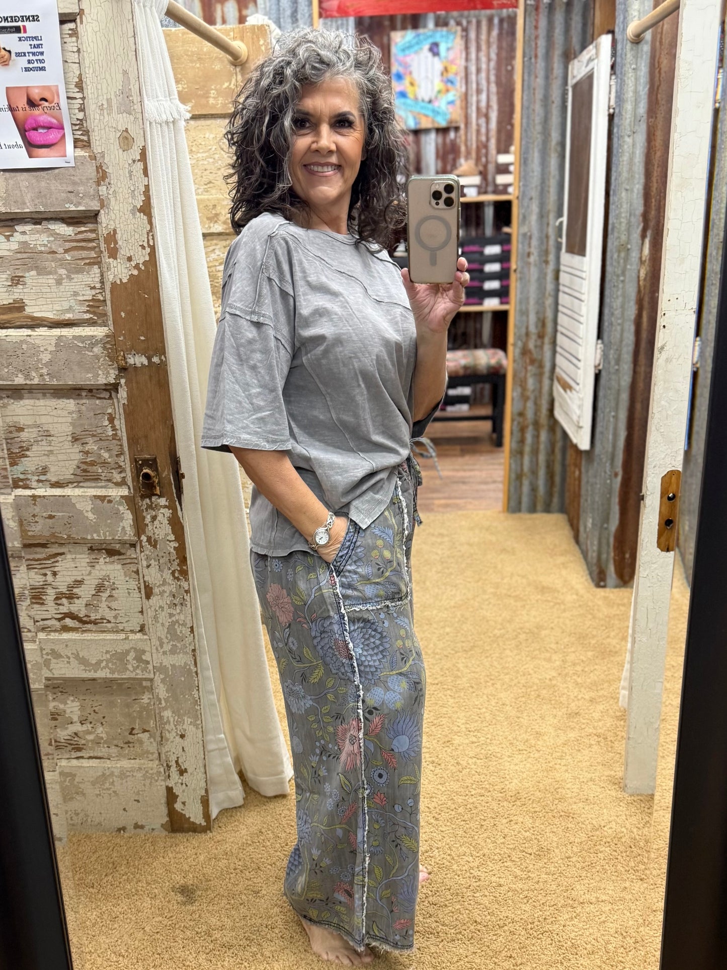 GREY WASHED COTTON SLUB OVERSIZED TOP