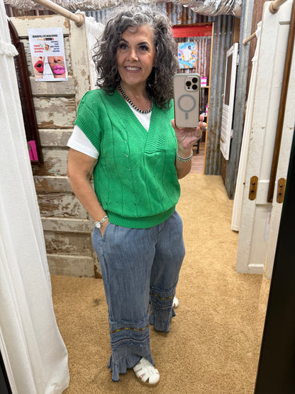 Green Dolman Short Sleeve Cable Sweater Top