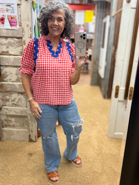 Ric-rac Trimmed RED Gingham Check Puff Sleeve Blouse