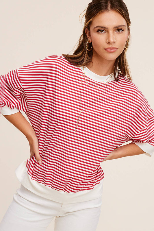 Tomato Red Loose Fit Stripe Spring Summer Short Sleeve Top