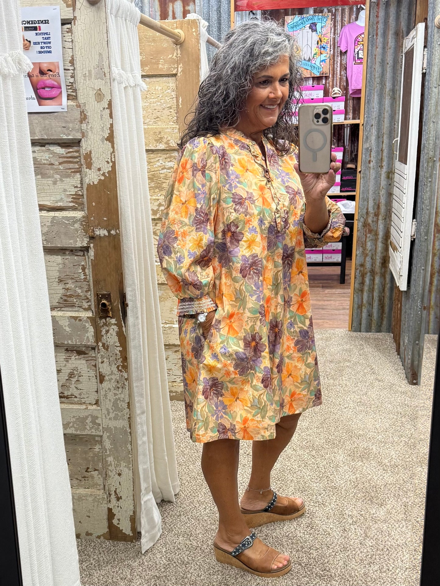 UMGEE Brown Mix Floral Print Smocked Cuff Mini Dress