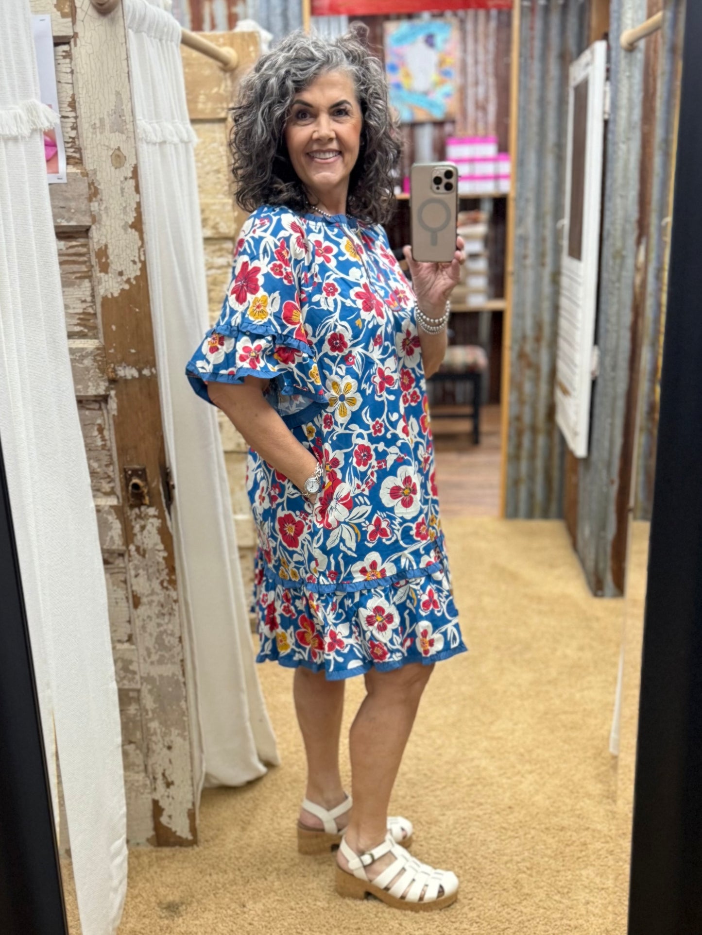 FLORAL INDIGO PRINTED POPLIN RUFFLE BOTTOM DRESS