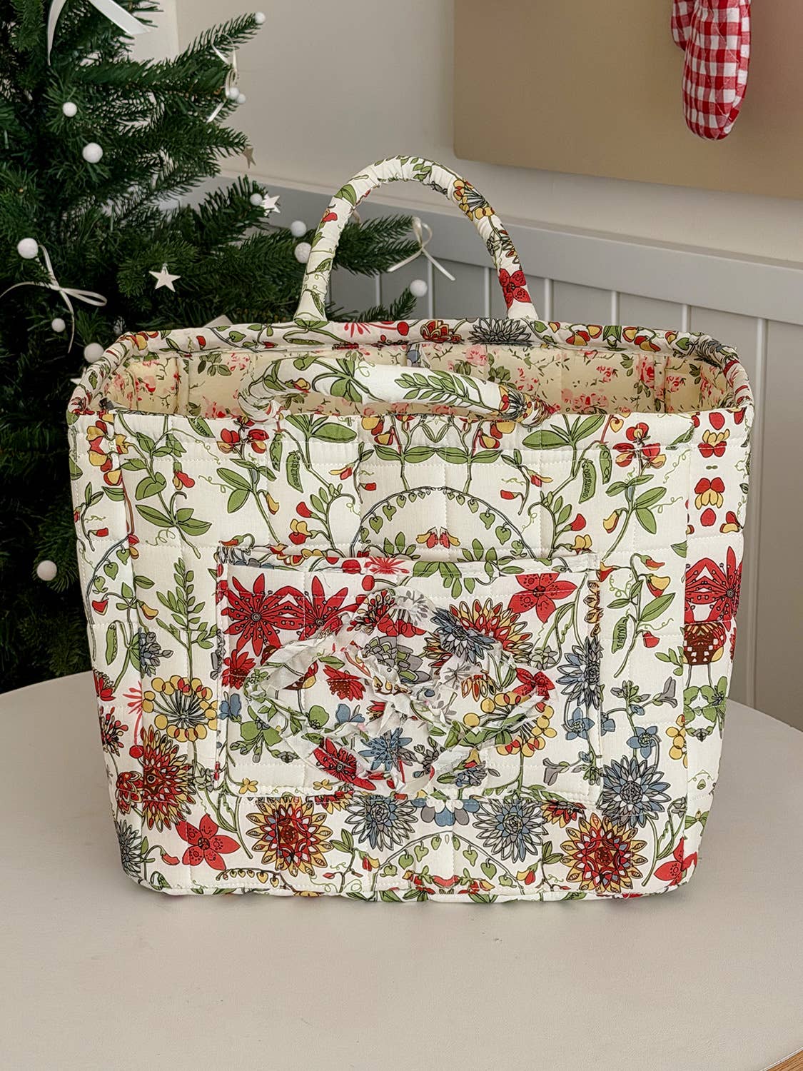 Beige Floral Quilted Storage Basket Boho Organizer Basket