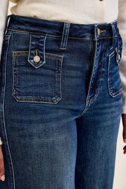 Judy Blue HW LUX Retro Wide w/ Front Patch Tab Closure DK Retro Fade Indigo Jeans 881159