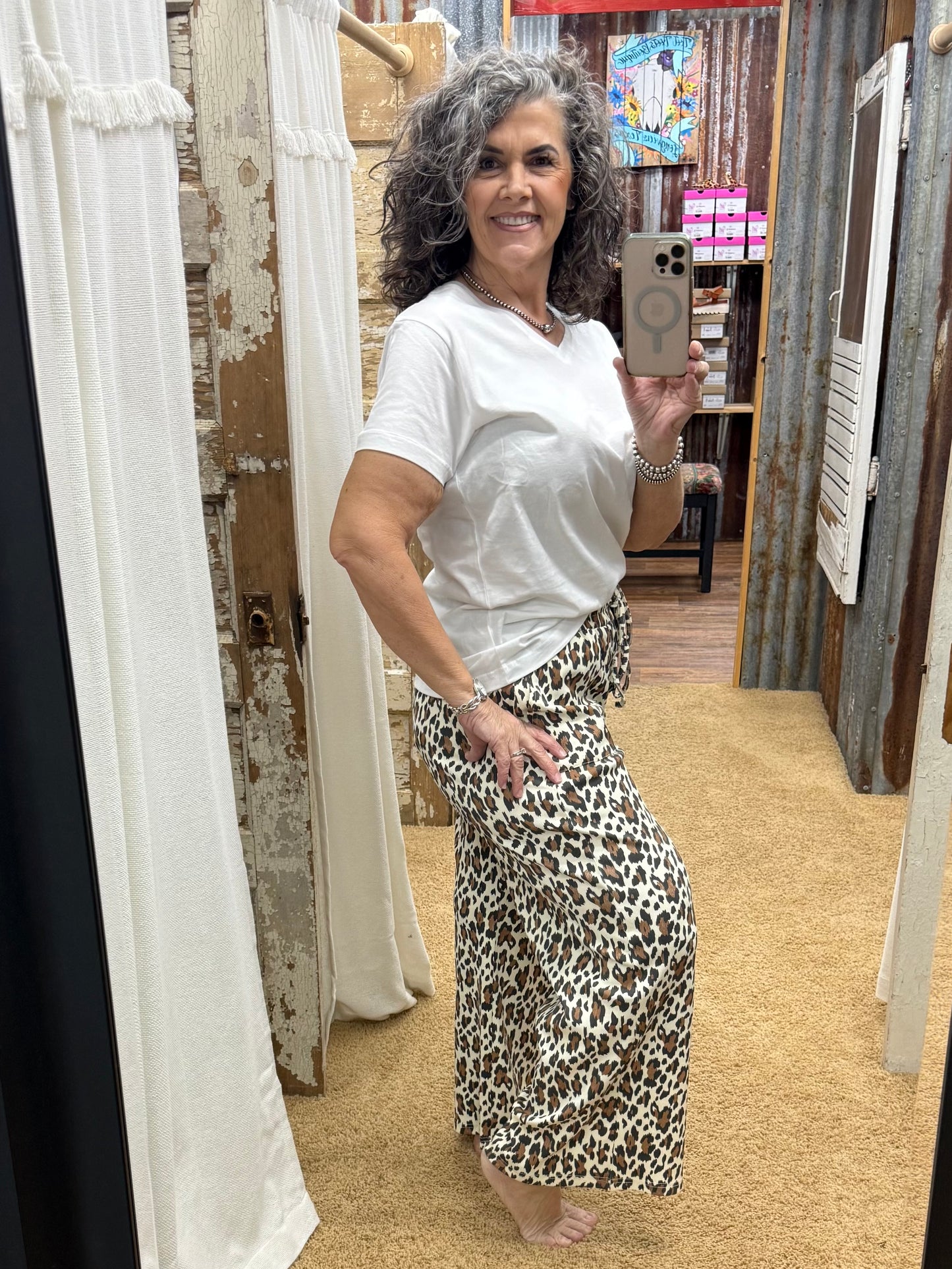Leopard Print Rib Fabric Wide Leg Drawstring Pants: CREAM COMBO