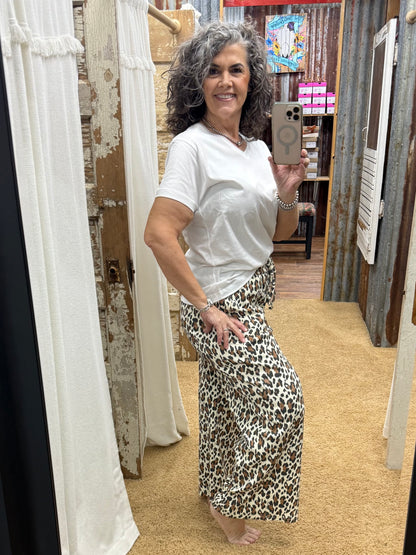 Leopard Print Rib Fabric Wide Leg Drawstring Pants: CREAM COMBO