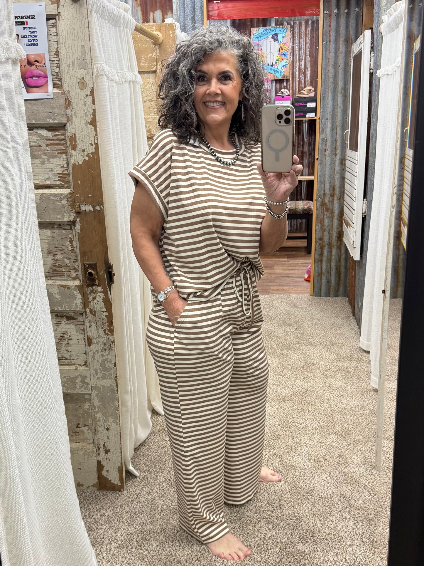 Striped Rib Top and Pants Lounge Set: TAUPE/CREAM