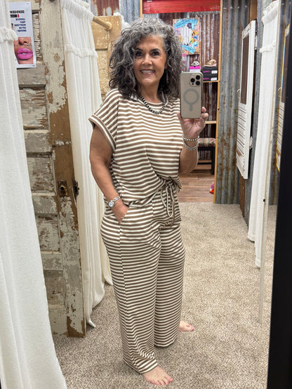 Striped Rib Top and Pants Lounge Set: TAUPE/CREAM