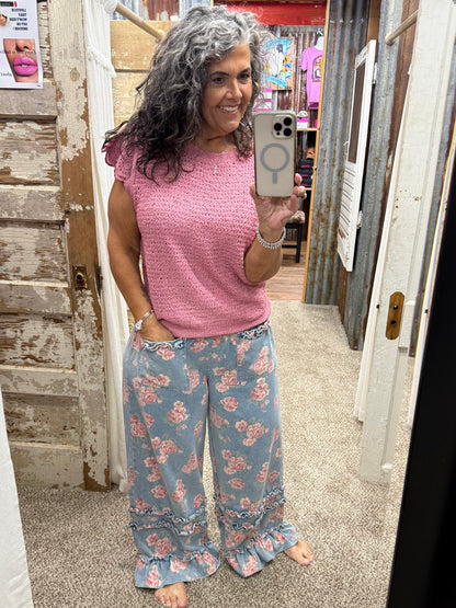 WASHED FLORAL DENIM WITH RUFFLE ELASTIC WIDE PANTS