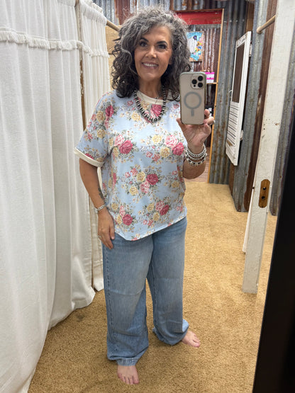 Short Sleeve Blue Oversized Loose Fit Floral Knit Top