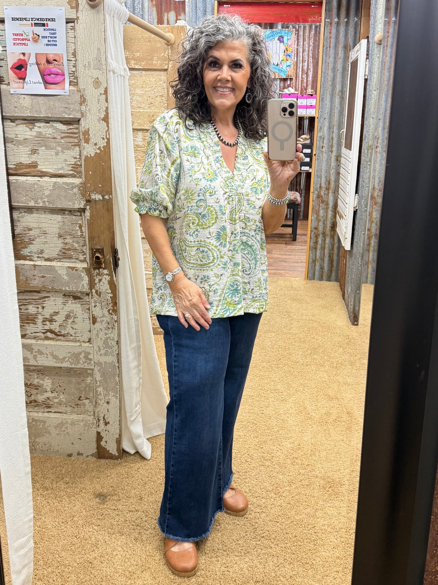 UMGEE Green / Blue Smocked V-Neck Paisley Top