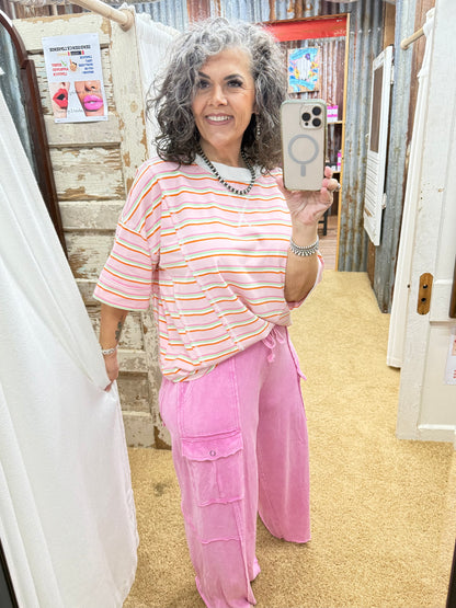 Striped Oversized Short Sleeve Knit Top: PINK COMBO