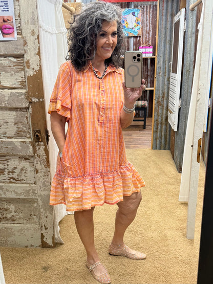 STRIPED RUFFLE BOTTOM WASHED COTTON DRESS