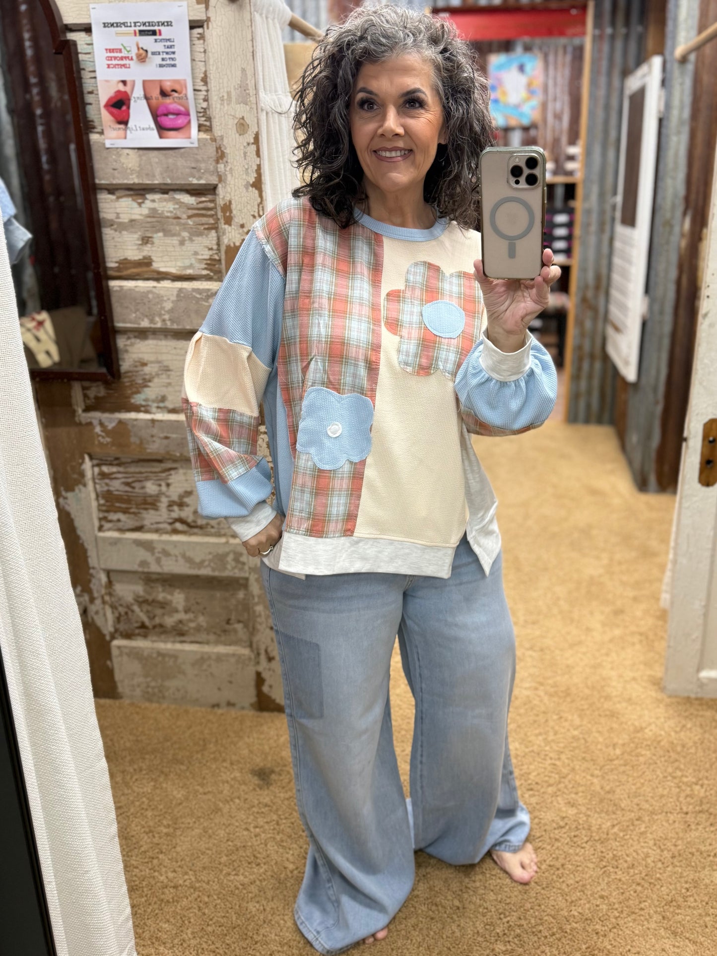 Powder Blue Patchwork Flower Pullover Top