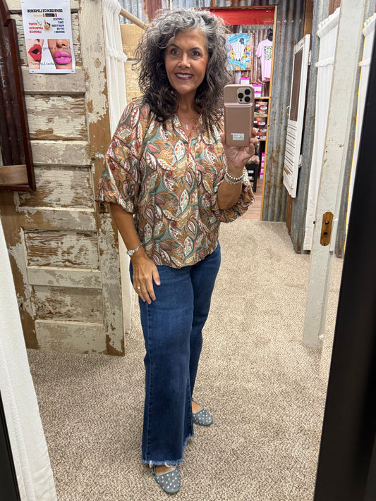 UMGEE Red Clay Mix Botanical Print Puff Sleeve Blouse