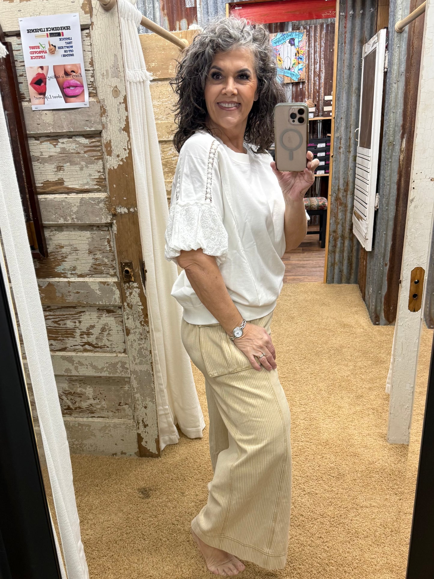 OFF WHITE EYELET LACE SLEEVES WASHED TERRY TOP