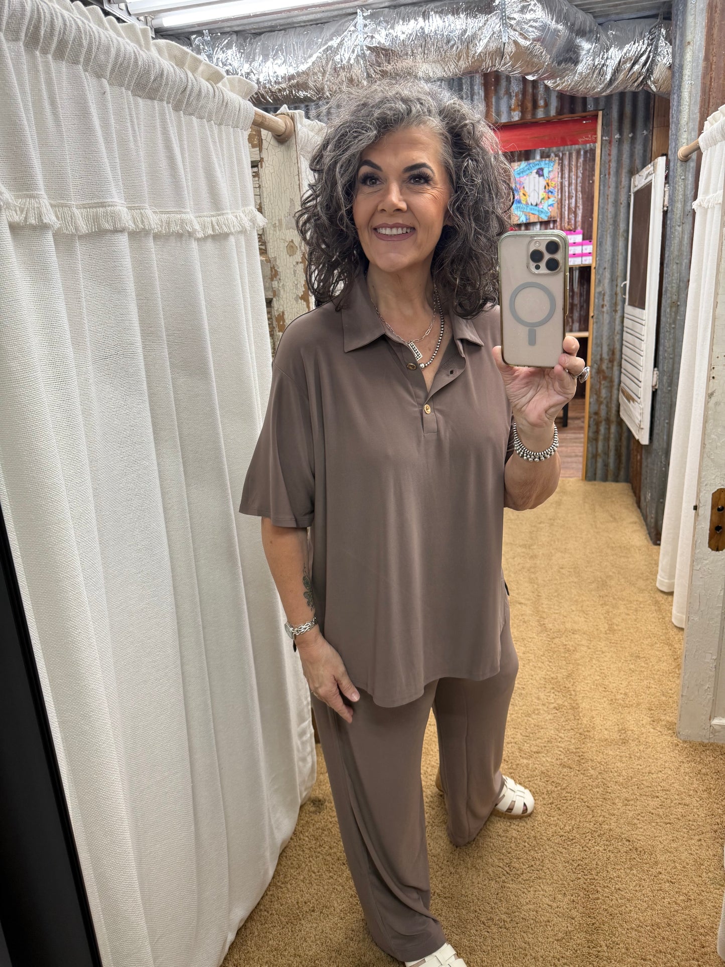 2-Piece Blouse + Relaxed Pants Resort Wear Mocha Set