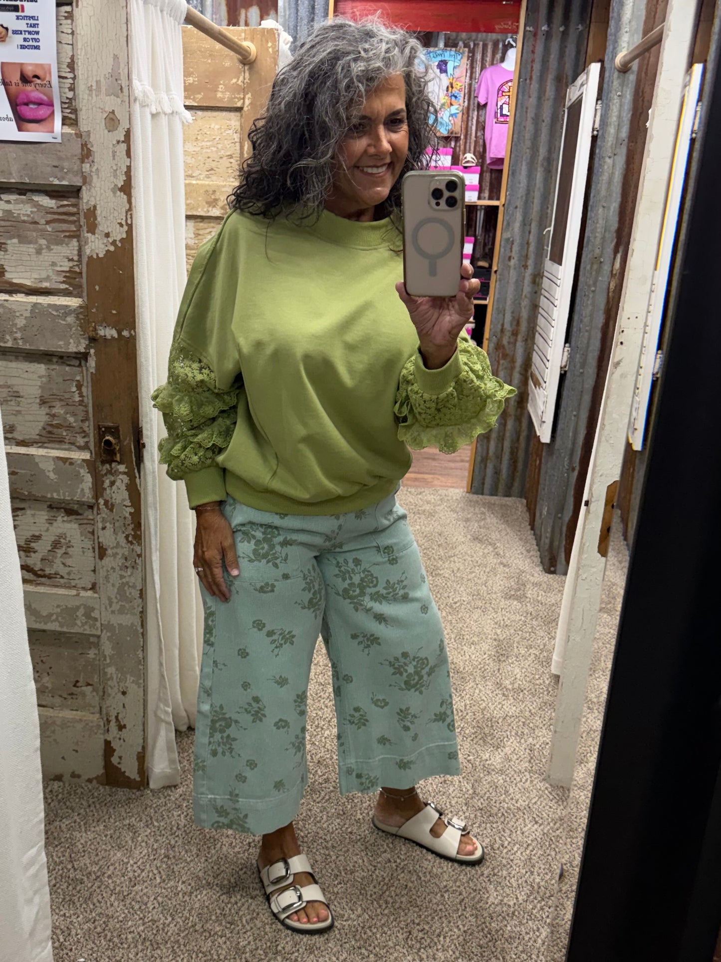 SAGE GREEN FLORAL PRINT WASHED TWILL PANTS
