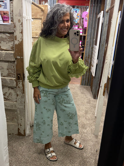 SAGE GREEN FLORAL PRINT WASHED TWILL PANTS