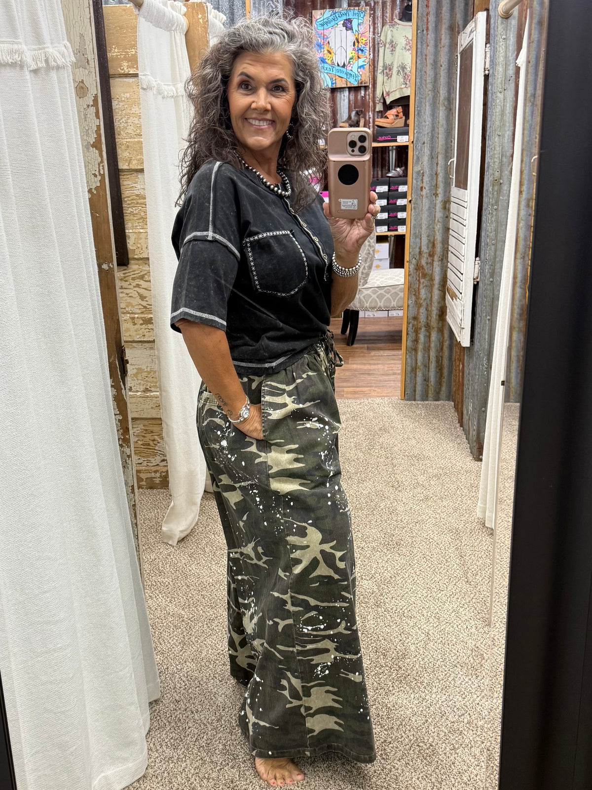 BlueVelvet Mineral-Washed Paint Splatter Camo Wide Leg Pants